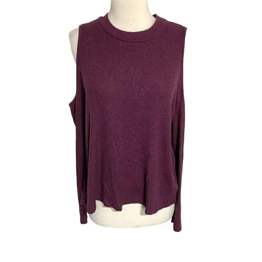 Californian Stitch XL wine cold shoulder ribbed long sleeve top